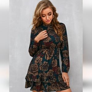Floral Long Sleeve Dress - Black and Brown